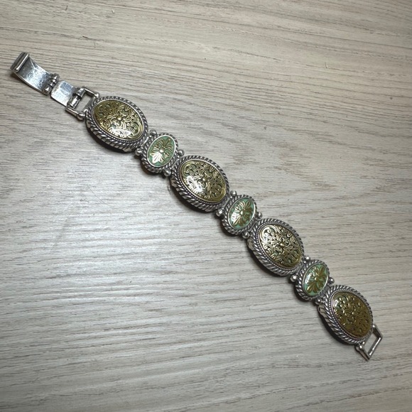 Brighton Jewelry - Brighton Corfu Scroll Gold Green Oval Intricate Silver Plate Bracelet Retired